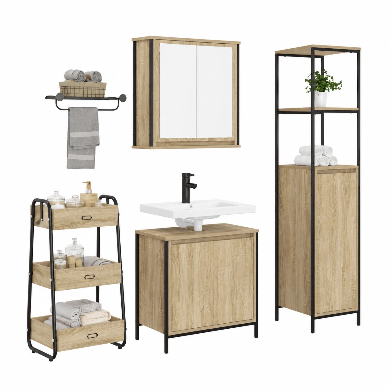 Ensemble de meubles de salle de bain, 2 pièces, avec rangement, avec tiroirs, avec portes, en chêne, pour la salle de bain